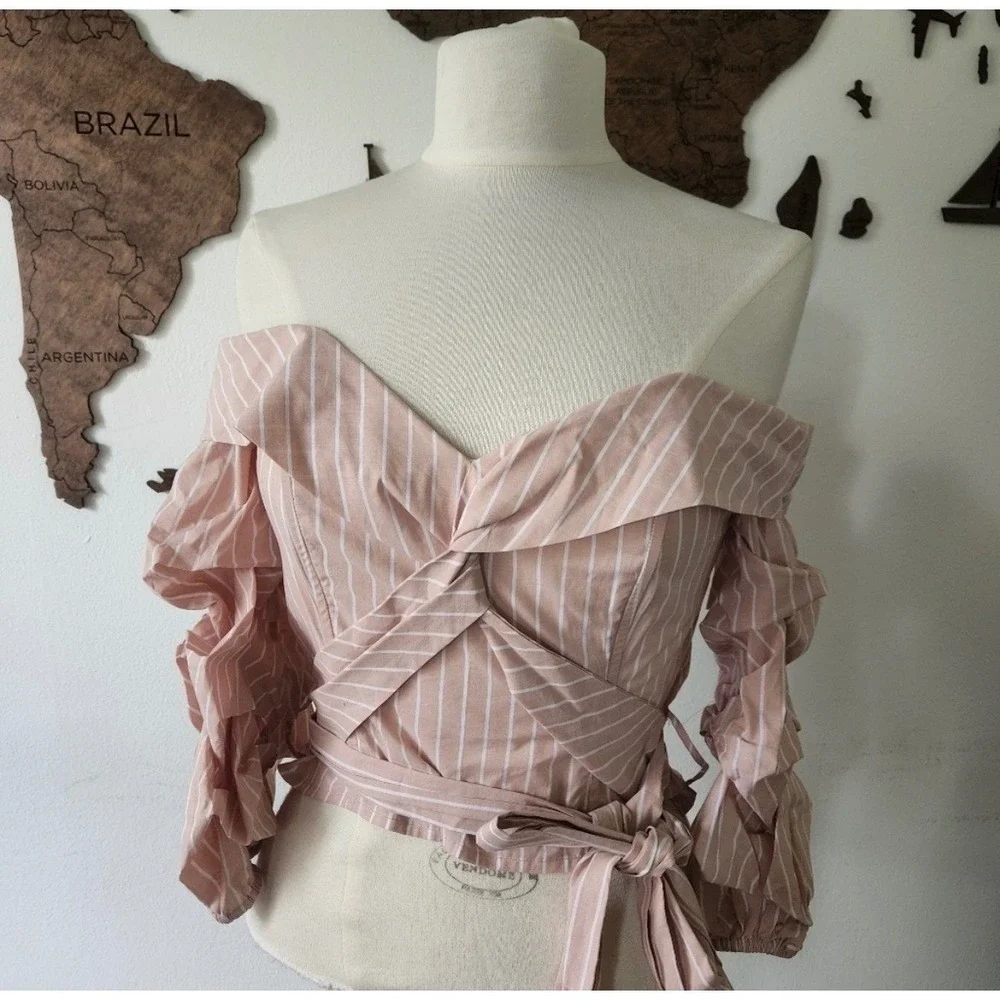 NWT ASTR The‎ Label Blush & White Striped Off Shoulder Wrap Tie Puff Sleeve Top
